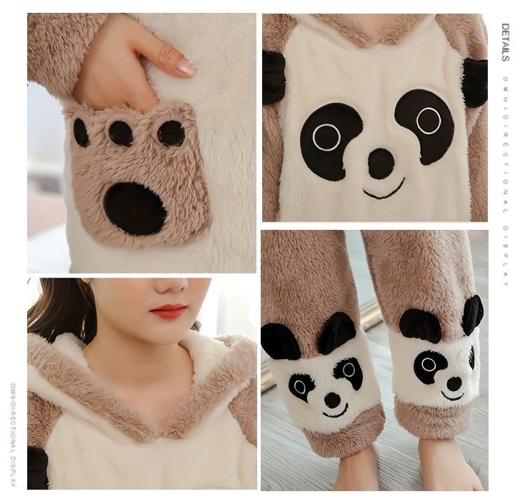 Women's Winter Pajamas Suit，Cute Cartoon Panda Hooded Long Sleeve Top，Embroidered Fluff，Thick Warm Polyester Home Wear，100%Polyester Knitted Fabric，Adult Casual Wear