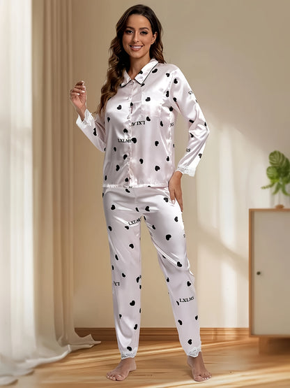 Elegant Heart Shape Printed Women's Pajamas Suit - Long Sleeve Button V Collar Lace Decorative Pajamas