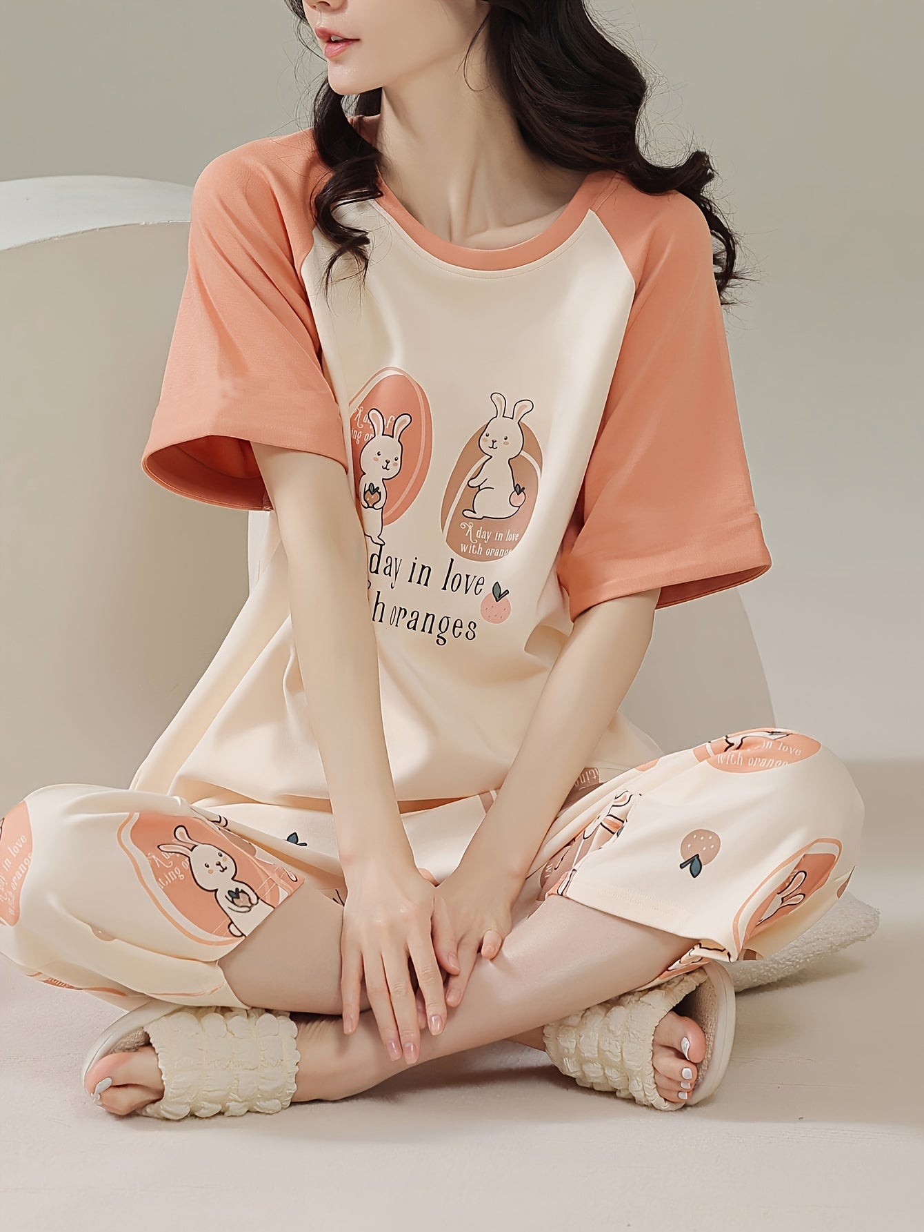 Women's Cartoon Pajamas Suit - Comfortable Polyester Blending，Short Sleeve and Shorts，Round Neck Pullover - Perfect Choice for Summer Home Wear