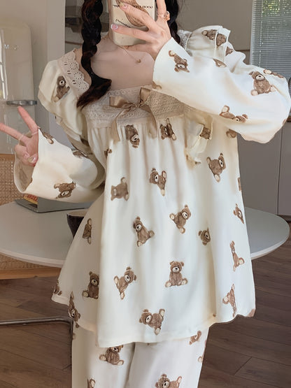 Teddy Bear Printed Pajamas Suit，Cute Long Sleeve Square-Neck Top and Casual Pants，Women's Pajamas and Homewear