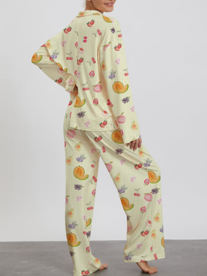 Women's Casual Pajamas Suit Fruit Printed Yellow Homewear Long Sleeve Pajamas Suit - Pajamas Suitable for All Seasons