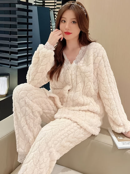 A Set of Women's Coral Velvet Pajamas - Sexy V Collar Long Sleeve Suede Pajamas，with Contrast Lace Details，Solid Color Knitted Fabric，Adult Autumn and Winter Warm Homewear