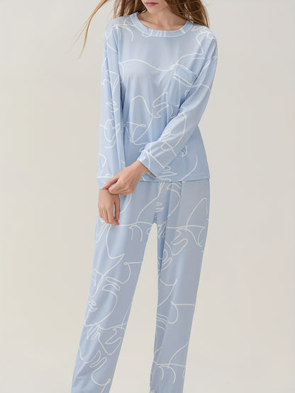 Women's Casual round Neck Long Sleeve Pajamas Suit，Polyester Knitted Fabric，Four Seasons Comfortable Homewear，with Pocket，Printed Pattern Design