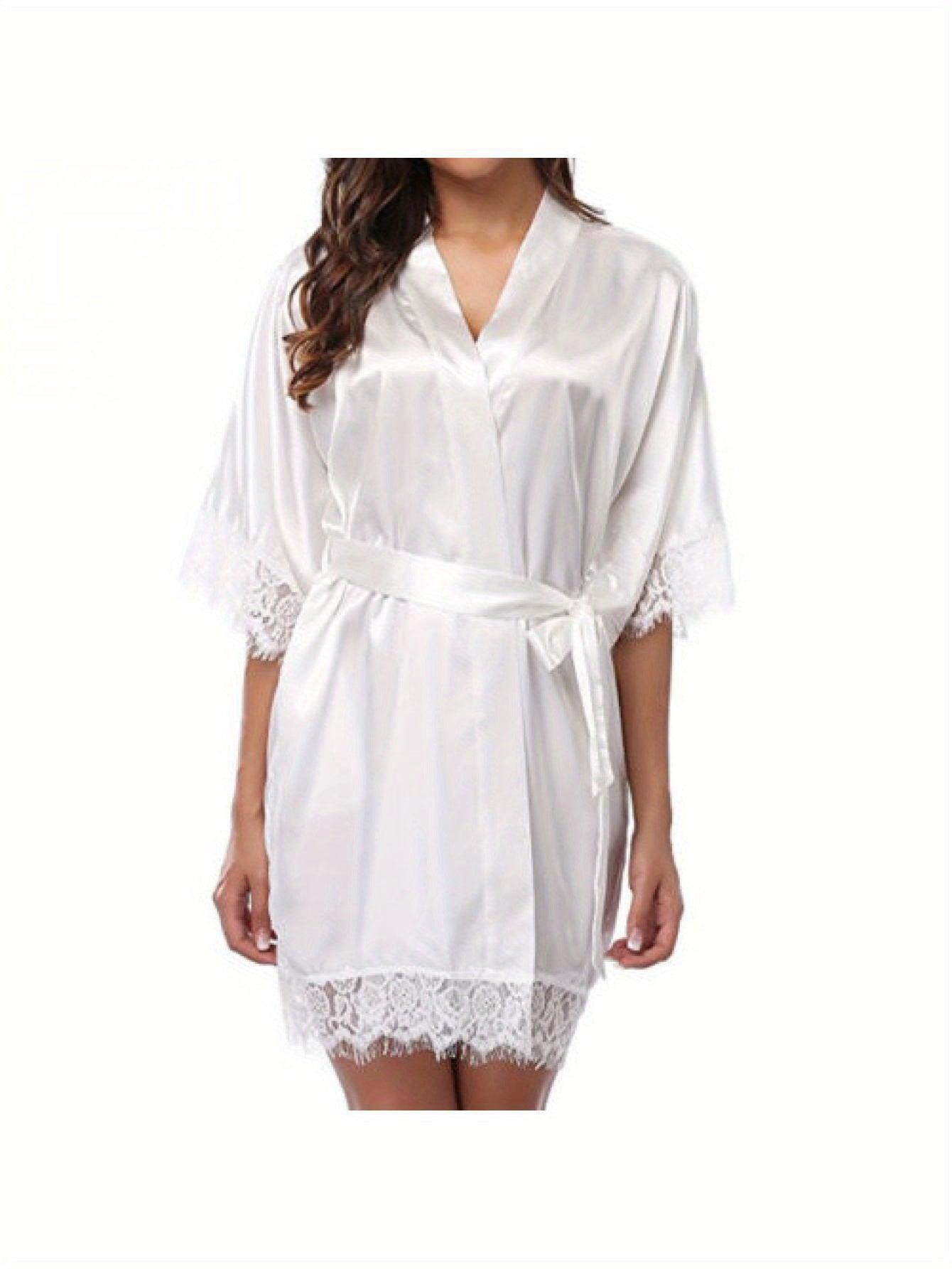 1Elegant Satin Nightdress - Contrast Lace Details，round Neck，Long Sleeve，Solid Color，Woven Polyester Fiber，with Removable Belt - Suitable for Spring and Autumn，Adult Pajamas