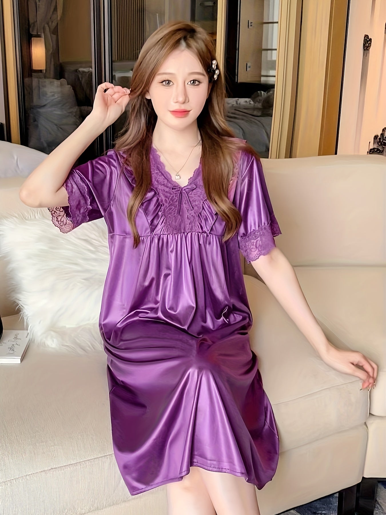 Elegant Ladies Lace V Collar Nightdress with Bowknot Details - Comfortable Short Sleeve Pajamas，Solid Color