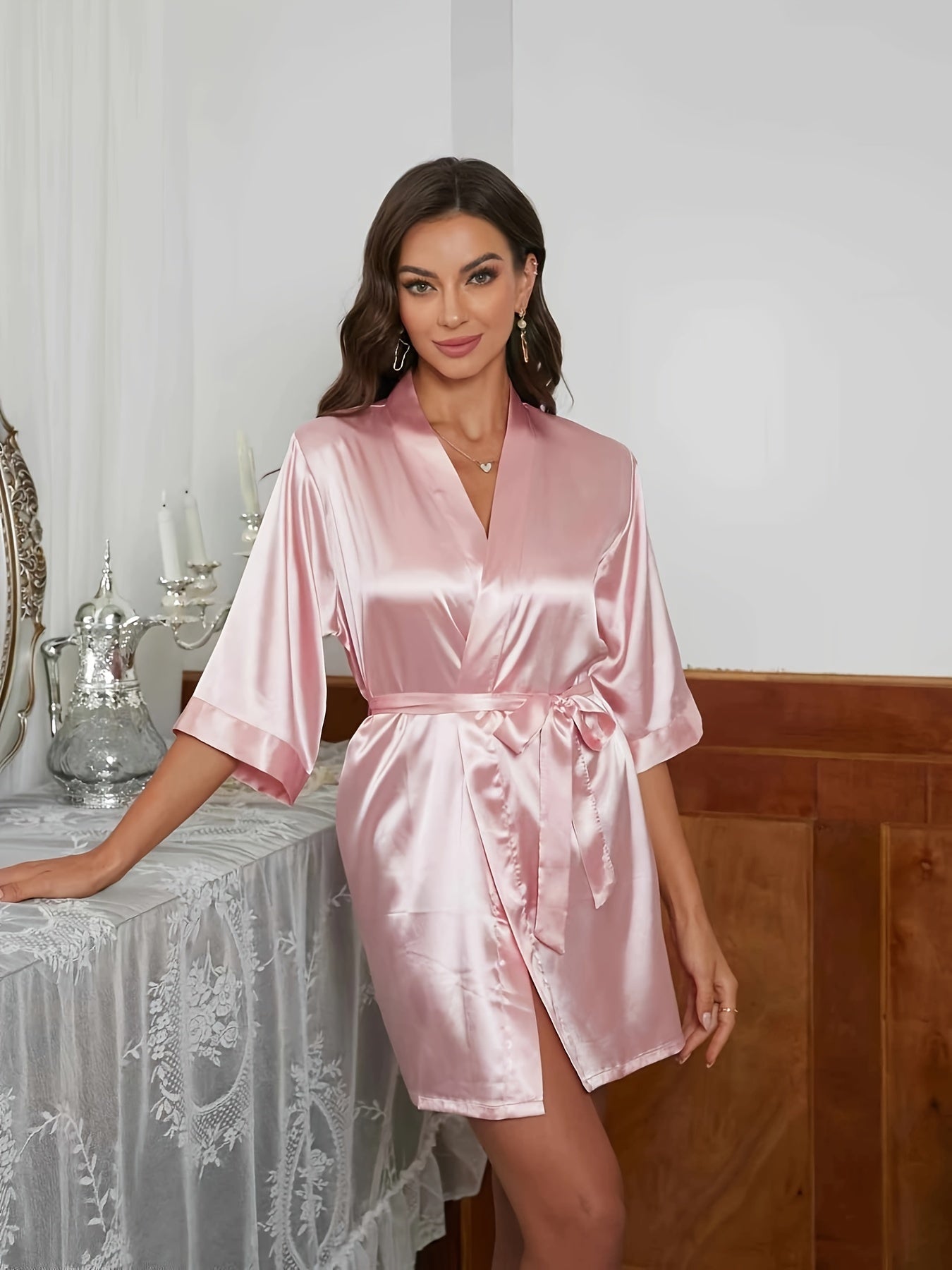 Elegant Solid Color Satin Nightgown，Comfortable Quarter Sleeve Kimono Gown，with Belt，Ladies' Homewear and Pajamas