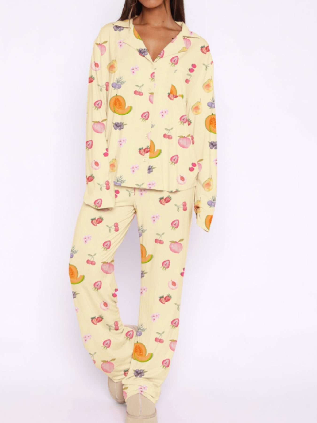 Women's Casual Pajamas Suit Fruit Printed Yellow Homewear Long Sleeve Pajamas Suit - Pajamas Suitable for All Seasons