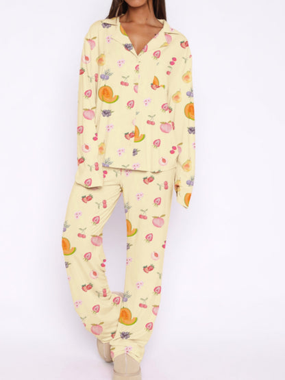 Women's Casual Pajamas Suit Fruit Printed Yellow Homewear Long Sleeve Pajamas Suit - Pajamas Suitable for All Seasons