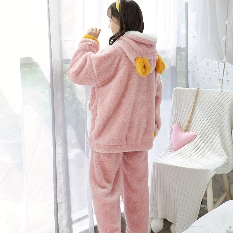 Women's Winter Furry Lamb Fur Oversized Hooded Pajamas Suit，with Cute Cartoon Letters，Comfortable and Warm Adult Homewear