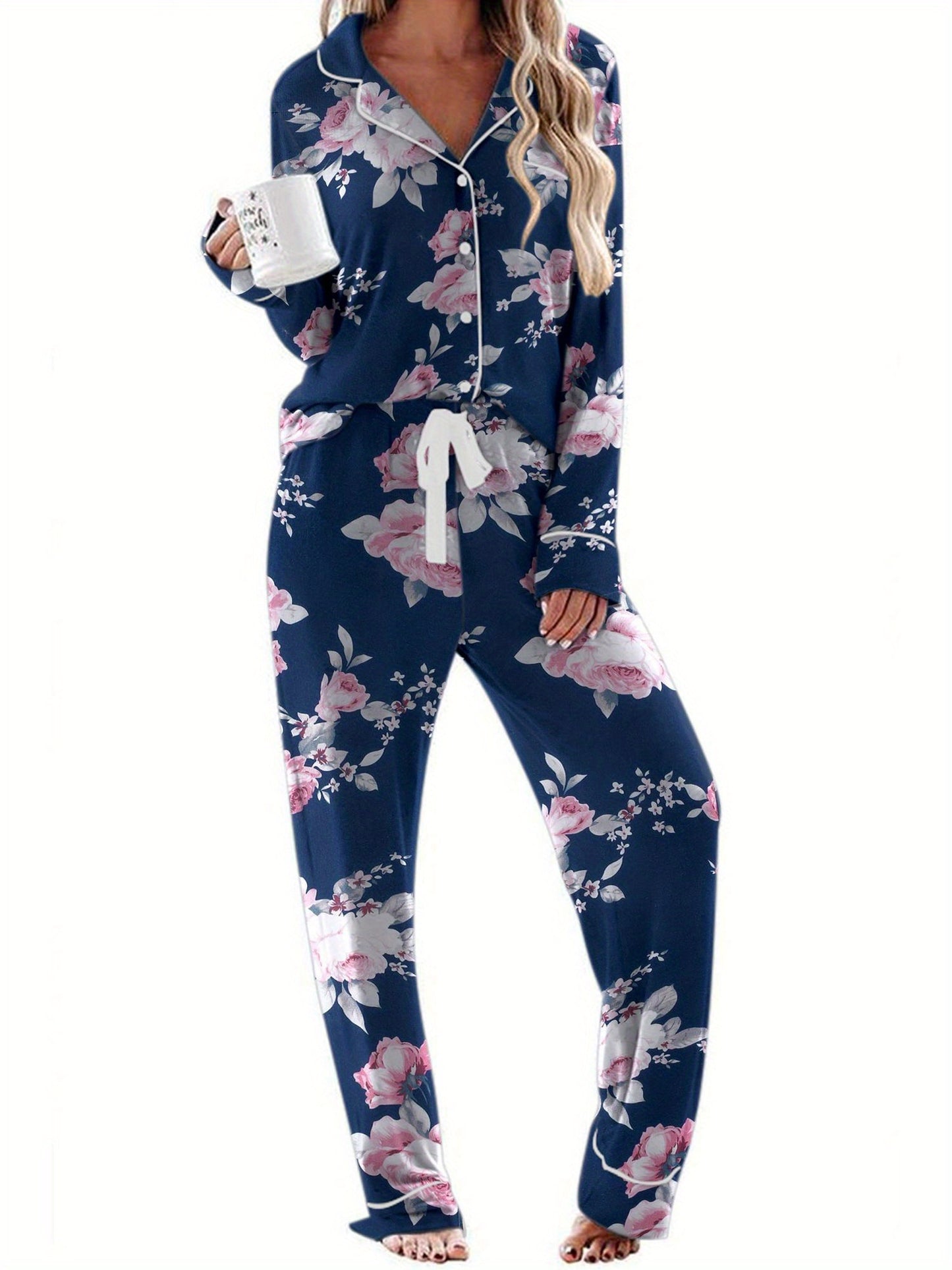 Women's Long-Sleeved Pajamas Casual Button Casual Wear Soft Pajamas Suit  Two-Piece Women's Vacation Clothes  Comfortable  Casual Wear  Cute Pajamas Suit  Pajama Party  Perfect Gift for Wife