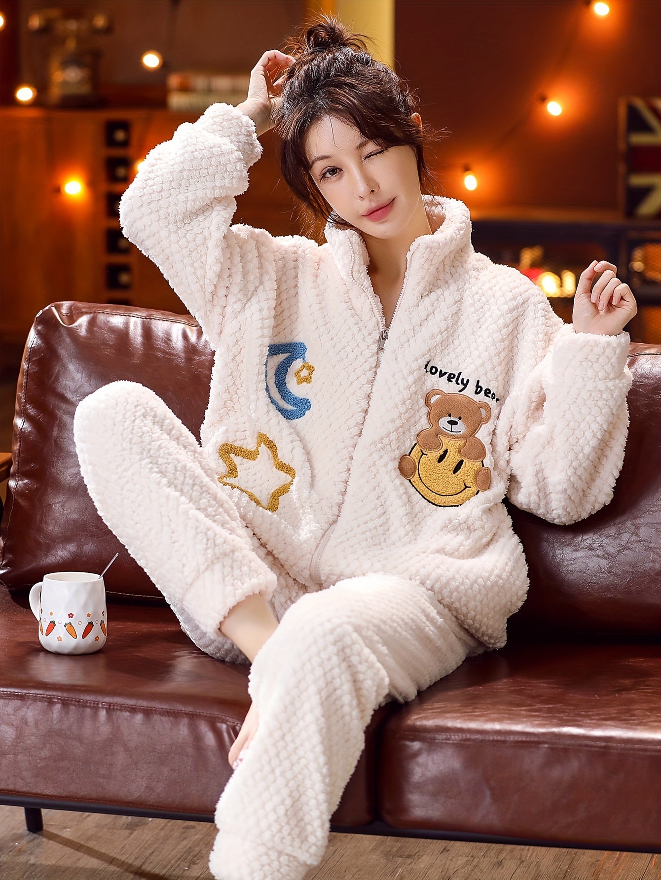 Lady Cute Bear&Moon and XINGX Pattern Wool Extra Thick Casual Suit，Long Sleeve Zipper Mock Neck Pocket Top and Pants，Comfortable and Loose Suitable for Autumn and Winter