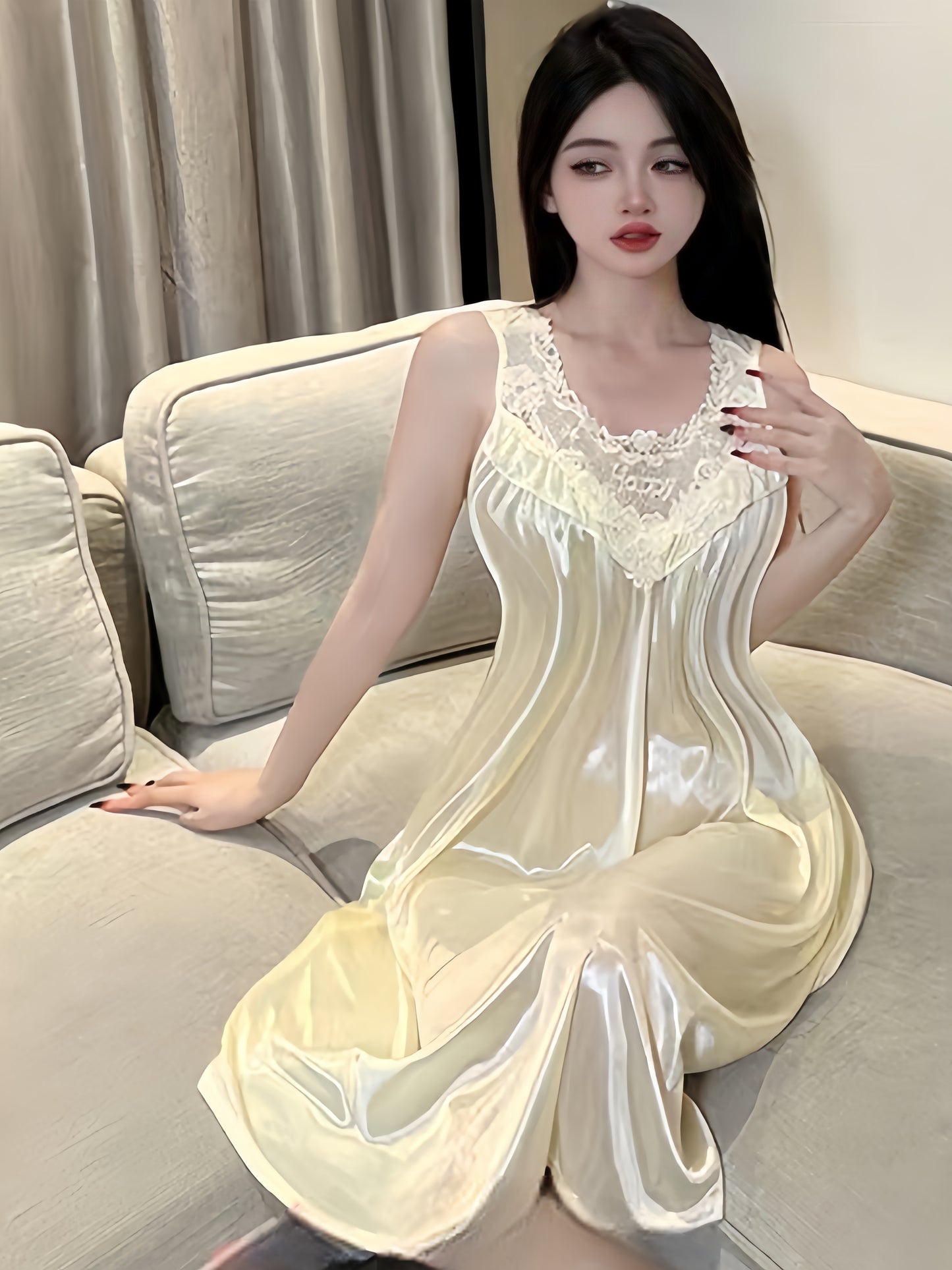 Lady Sexy Solid Color Satin Stitching Lace Pajamas Dress，round Neck Sleeveless Vest Dress，Comfortable Nightgown