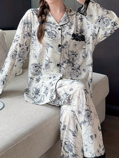 Women's Long-Sleeved Pajamas Printed Lace Cardigan Suit Homewear