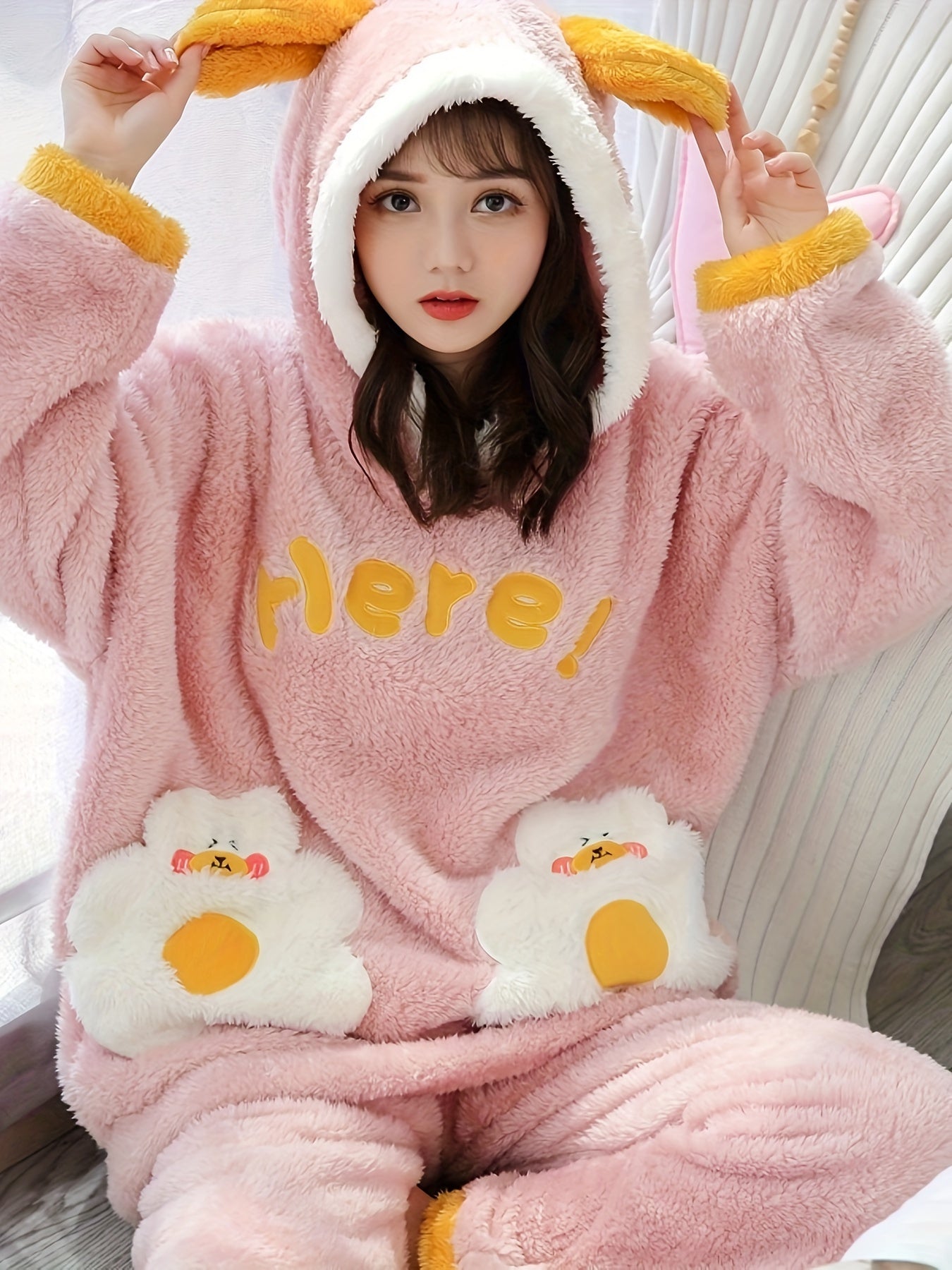 Women's Winter Furry Lamb Fur Oversized Hooded Pajamas Suit，with Cute Cartoon Letters，Comfortable and Warm Adult Homewear