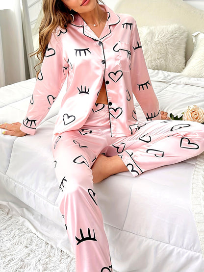 Sweetheart Heart Printing Imitation Silk Women's Cardigan，Lapel，Long sleeve pants，Two-Piece Homewear，Soft and Comfortable Pajamas Suit