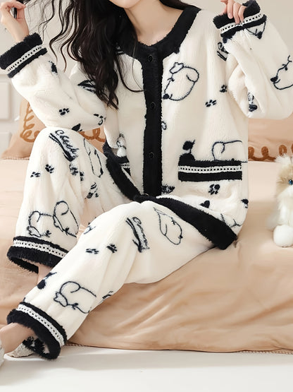 Cozy Cartoon Printed Women's Pajama Suit - Thick Fleece Lining V Collar Cardigan and Trousers，Machine Washable，Autumn and Winter Warm