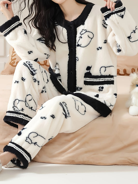 Cozy Cartoon Printed Women's Pajama Suit - Thick Fleece Lining V Collar Cardigan and Trousers，Machine Washable，Autumn and Winter Warm