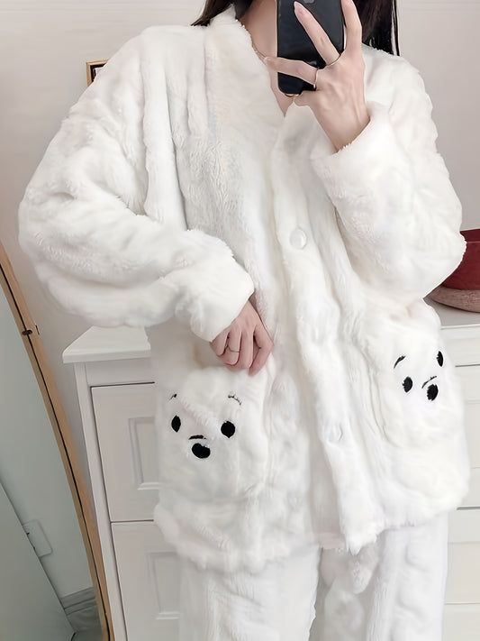 Cute Bear and Letter Printed Fleece Jacquard Pajamas Suit，Long Sleeve Button V Collar Top and Elastic Pants，Women's Pajamas and Homewear