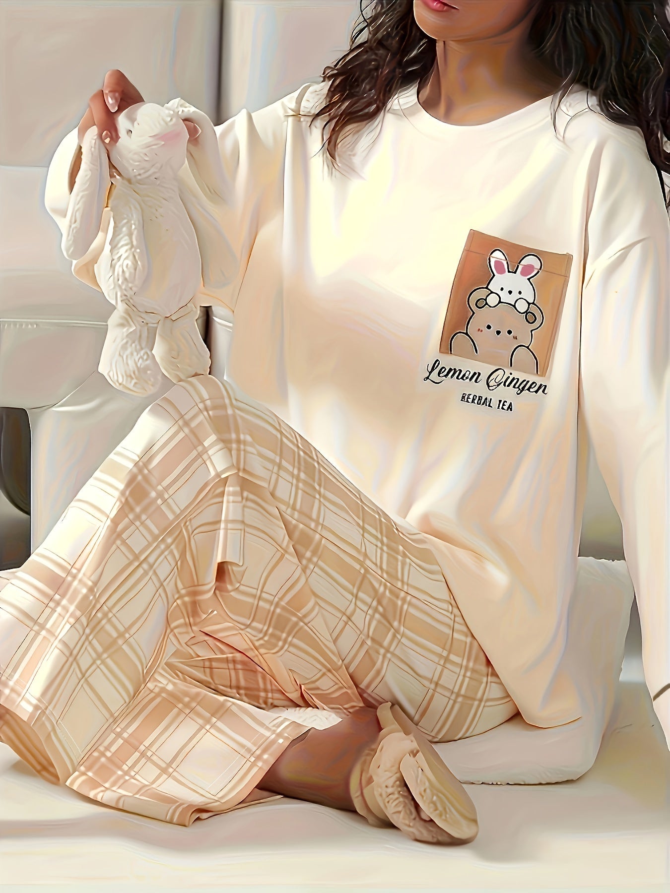 Cartoon Animal Print Pajamas Suit，Long Sleeve Round Neck Top and Plaid Pants，Women's Pajamas and Homewear