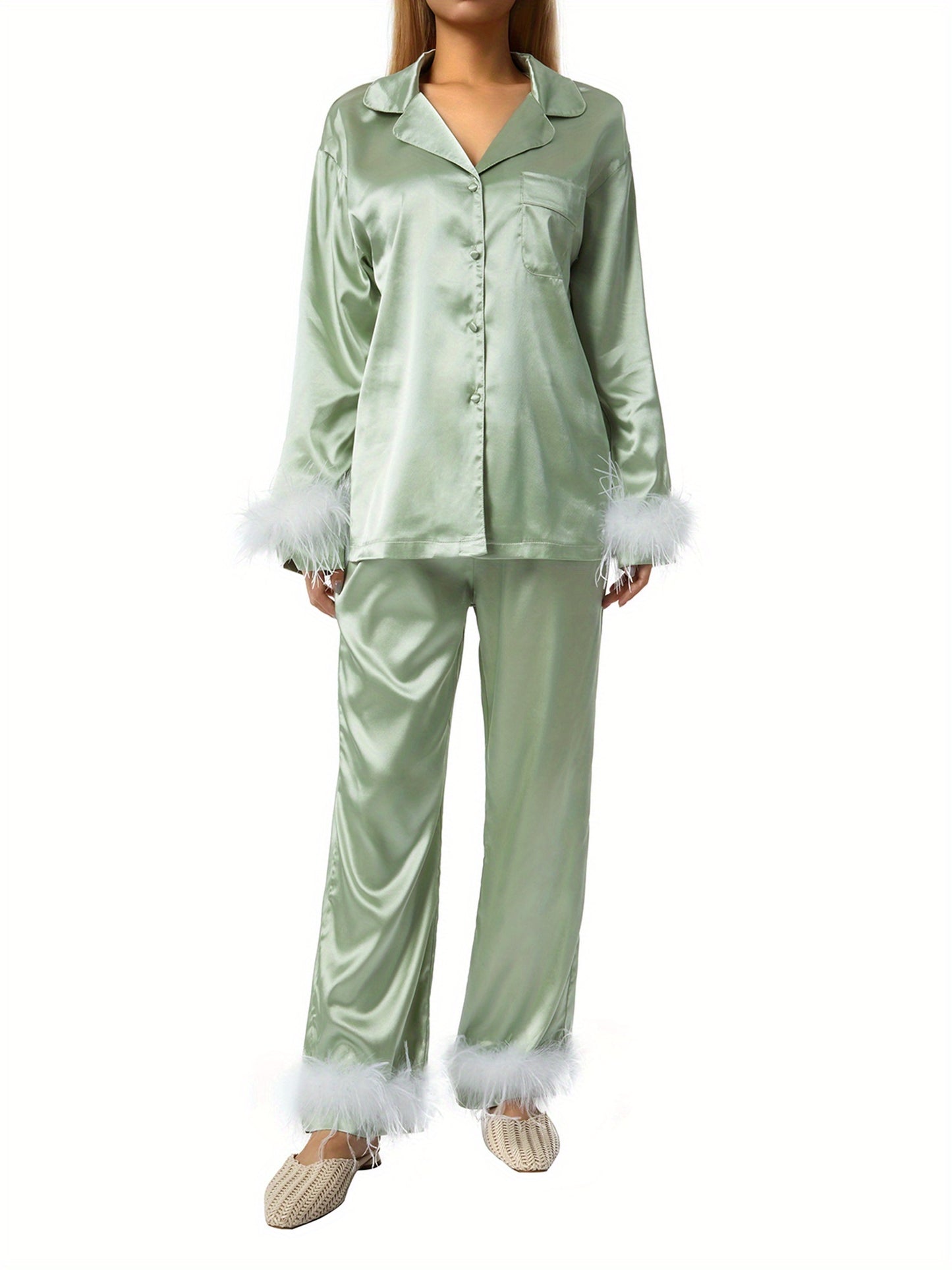 Women's Luxury Satin Pajamas Suit，with Feather Details - Long Sleeve Button Top and Elastic Belt Pants，Four Seasons Comfortable Pajamas