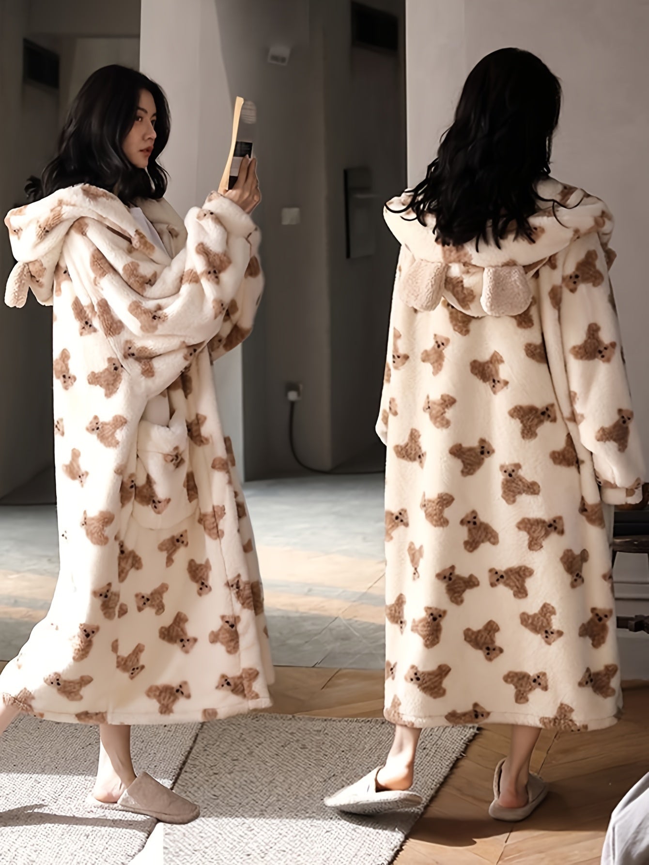 A Comfortable Suede Long-Sleeved Pajamas with Cartoon Bear Print，with Hat and Pocket Homewear，Fall winter fashion，Adult Size