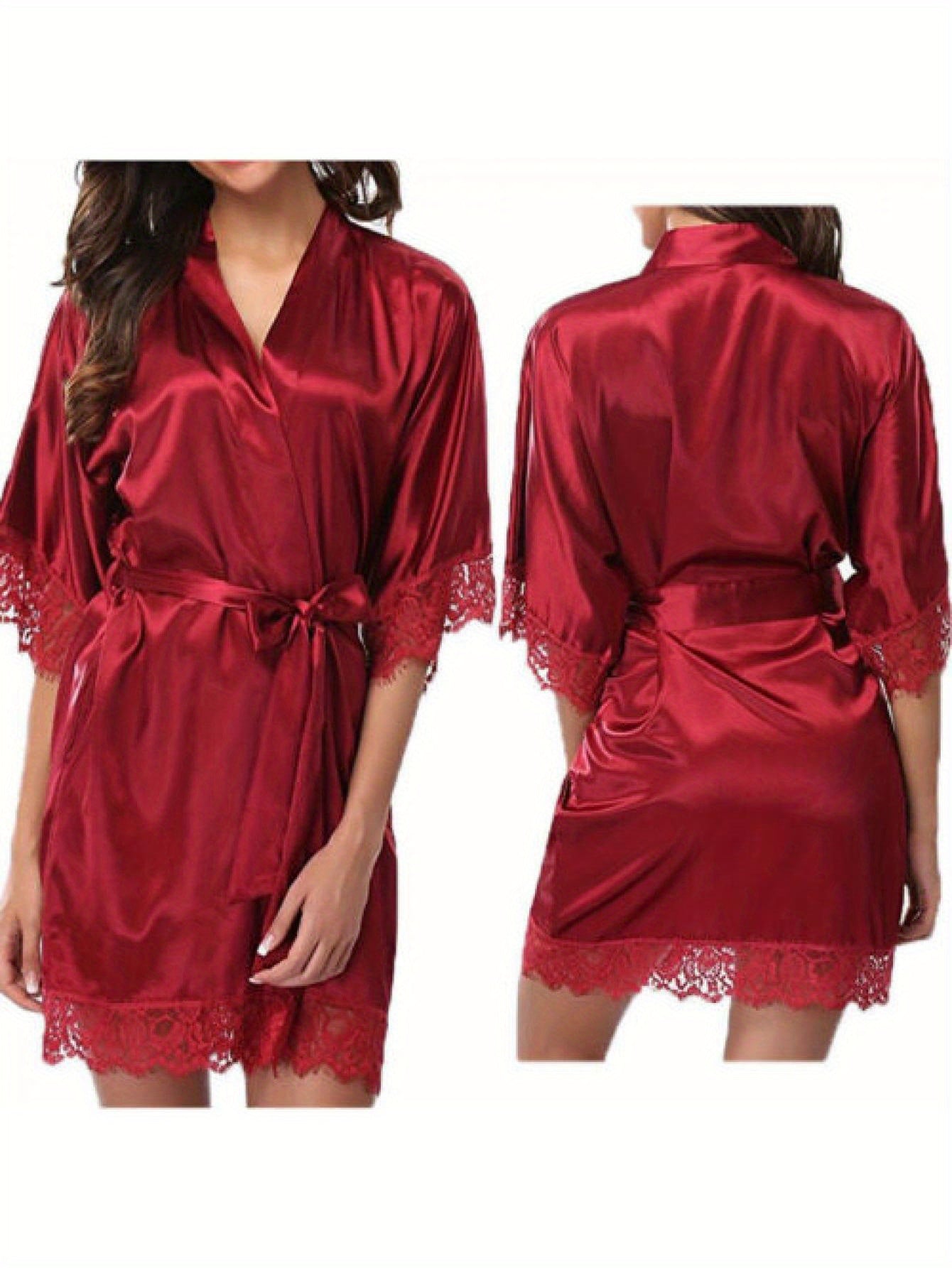 1Elegant Satin Nightdress - Contrast Lace Details，round Neck，Long Sleeve，Solid Color，Woven Polyester Fiber，with Removable Belt - Suitable for Spring and Autumn，Adult Pajamas