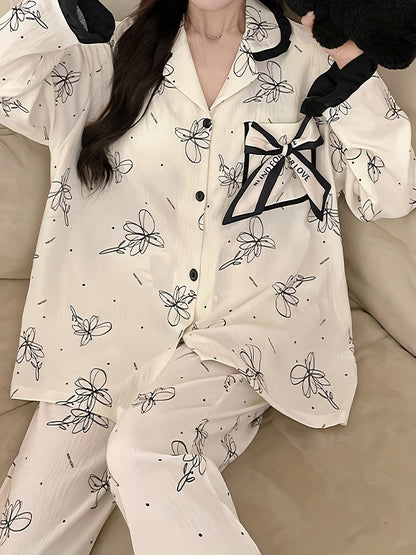 Women's Long-Sleeved Pajamas Suit，Containing Chest Pad，Casual Polyester Fiber Stretch Home Wear，Opaque Printing Design，Button Details - Suitable for All Seasons