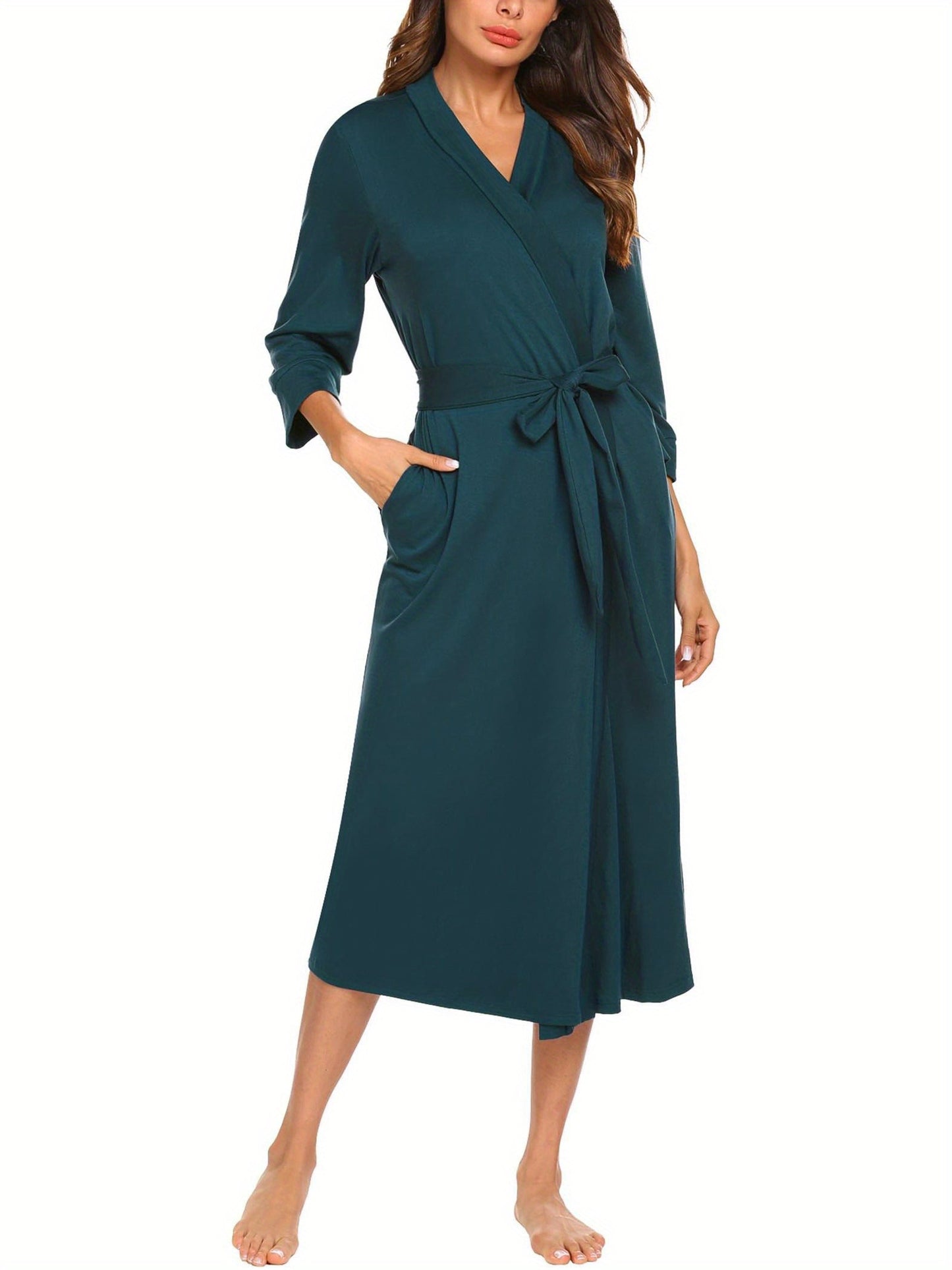 Elegant V Collar Women Bathrobe - Lightweight Viscose Fiber Loungewear Gown，Lace up，Knitted Spa Style，Long Straight Skirt，Suitable for All Seasons3/4Sleeve