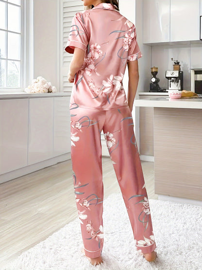 Flower Pattern Pajamas Suit，Short Sleeve Button Top and Elastic Waist Belt Pants，Women's Pajamas and Homewear