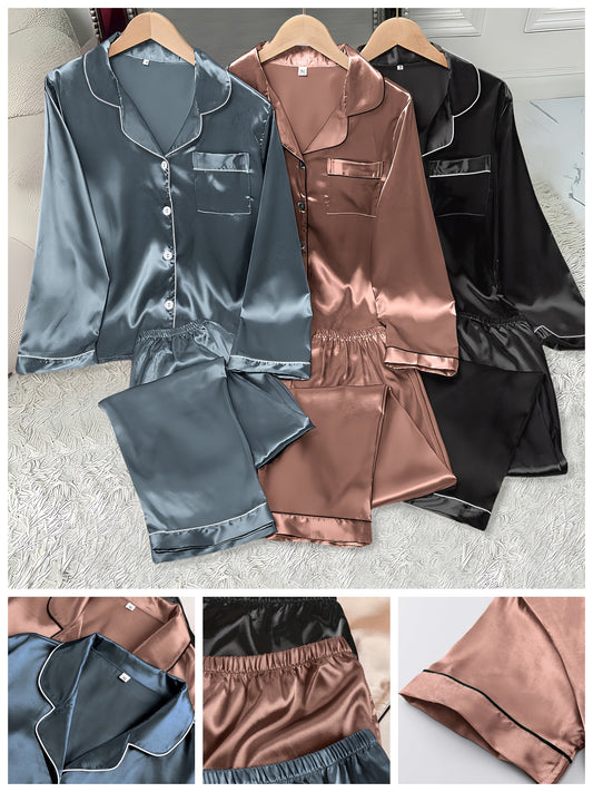 3 Women's Satin Pajamas Suit - Casual Solid Color Long Sleeve Shirt and Elastic Waist Pants，Lapel，Button Details，Woven Polyester，Autumn and winter pajamas