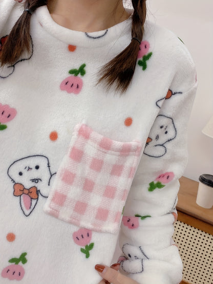 Winter Warm Women's Flannel Pajamas Suit，Cute Bunny Plaid Pattern Casual Homewear Suit