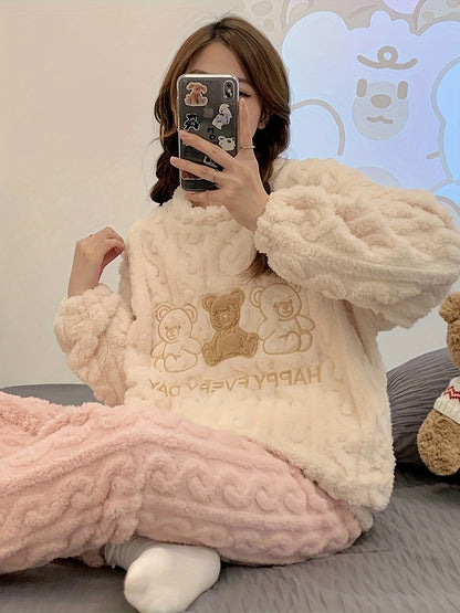 Women's Comfortable Velvet Embroidered Pajamas Suit - Long Sleeve，round Neck，Machine Washable - Perfect Choice for Autumn and Winter