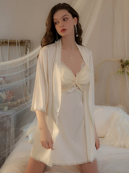 Autumn Winter Sexy Women's Pajama Suit，Thin Lace Hollow，Pure Desire Tank Top Nightdress，Bathrobe Two-Piece Set