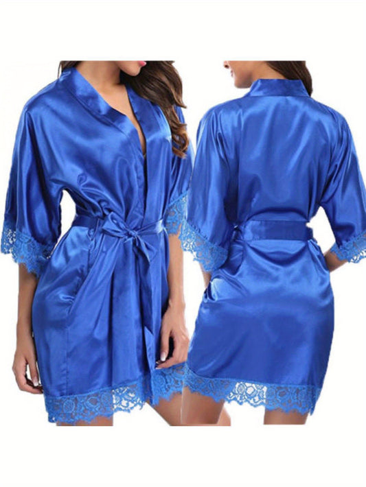 Ladies' robe，Mid-Sleeve Lace Smooth Robe，Bridesmaid Bride Party Satin Robe，Removable Belt Pajamas