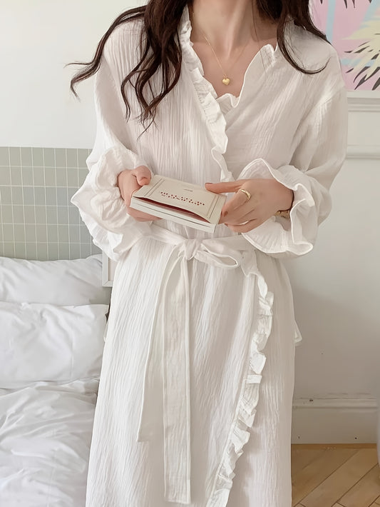 Lady sexy V Collar Bathrobe - 100%Polyester Fiber Solid Color Long-Sleeved Pajamas，Pleated Detail，Four Seasons Applicable Type Straight Skirt，Fabric160Gram/Square Meters，with Belt，Suitable for Home Wear