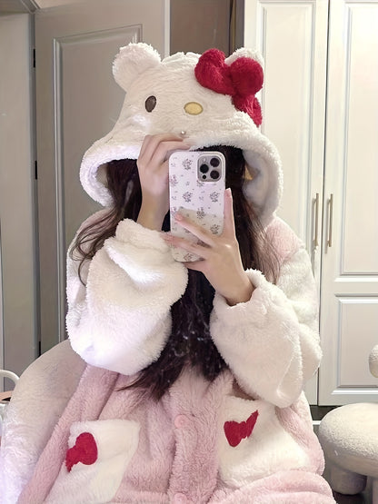 [Authorization] 1Sanrio Homewear Women's Plush Thickened Long Pajamas Long Sleeve Pajamas Thick Thermal Coral Fleece Homewear Sweet Cute Pajamas Can Be Worn outside Christmas Pajamas