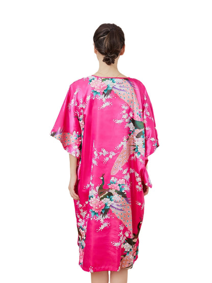 Elegant Women's Floral Peacock Nightdress - Lightweight Breathable Satin Pajamas，Three-Quarter Sleeve，round Neck - Casual Loose，Suitable for Spring/Summer Home Casual Wear