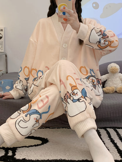 1Women's Cute Cartoon Canvas Pajamas Suit，100%Polyester Knitted Fabric，Long Sleeve Lapel，Button Buckle，Warm Thick Sweater，Adult Autumn and Winter Casual Wear