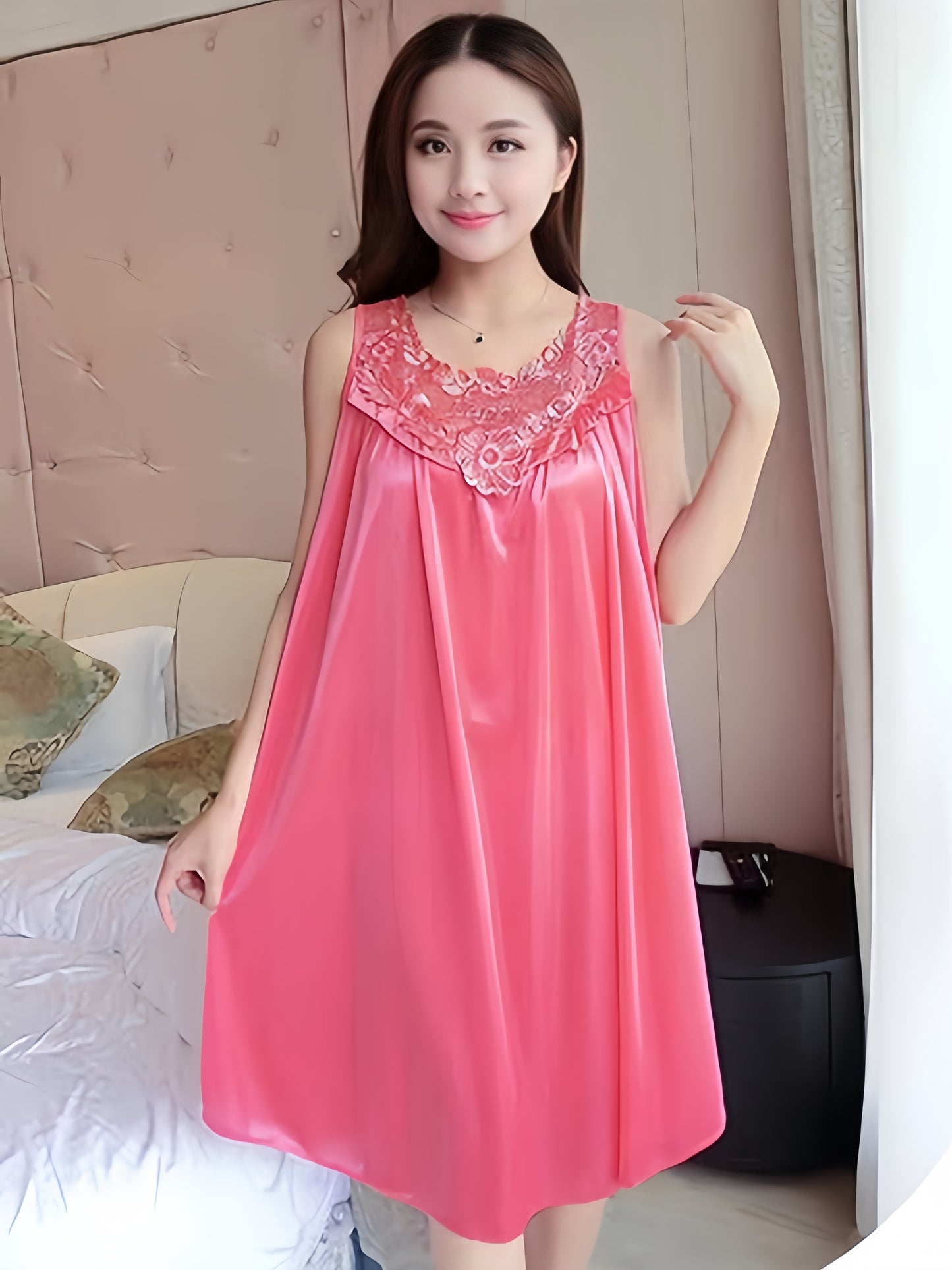 Lady Sexy Solid Color Satin Stitching Lace Pajamas Dress，round Neck Sleeveless Vest Dress，Comfortable Nightgown