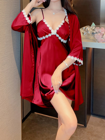 Lady Sexy Solid Color Satin Applique Pajamas Suit、V Collar Suspender Skirt and 3/4 Sleeve Nightgown、Comfortable Loose Design、Summer Pajamas