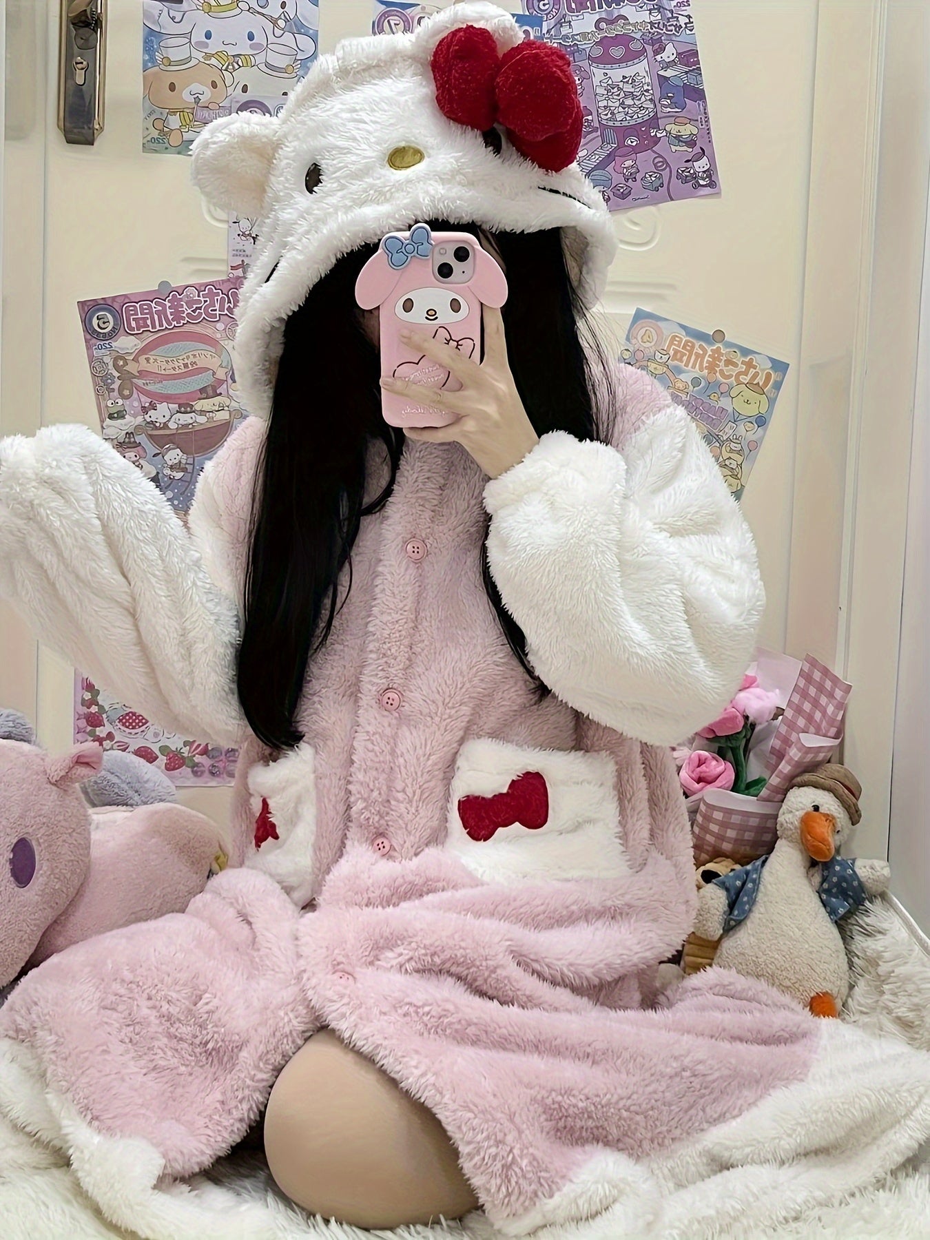 [Authorization] 1Sanrio Homewear Women's Plush Thickened Long Pajamas Long Sleeve Pajamas Thick Thermal Coral Fleece Homewear Sweet Cute Pajamas Can Be Worn outside Christmas Pajamas