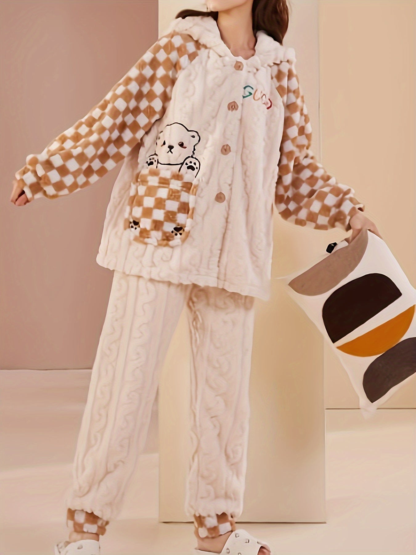 Women's Comfortable Pajamas Suit，Long Sleeve，Trousers，With Hat Open Front Cardigan，Coral Fleece，Cartoon Bear Print，Thermal pajamas，Polyester，Casual Style，Suitable for All Seasons。