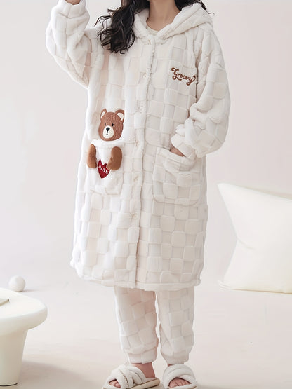 Comfortable Coral Fleece Women's Pajama Suit，with Cute Bear and Letter Pattern - Long Sleeve Hooded Tracksuit and Pants，Machine Washable