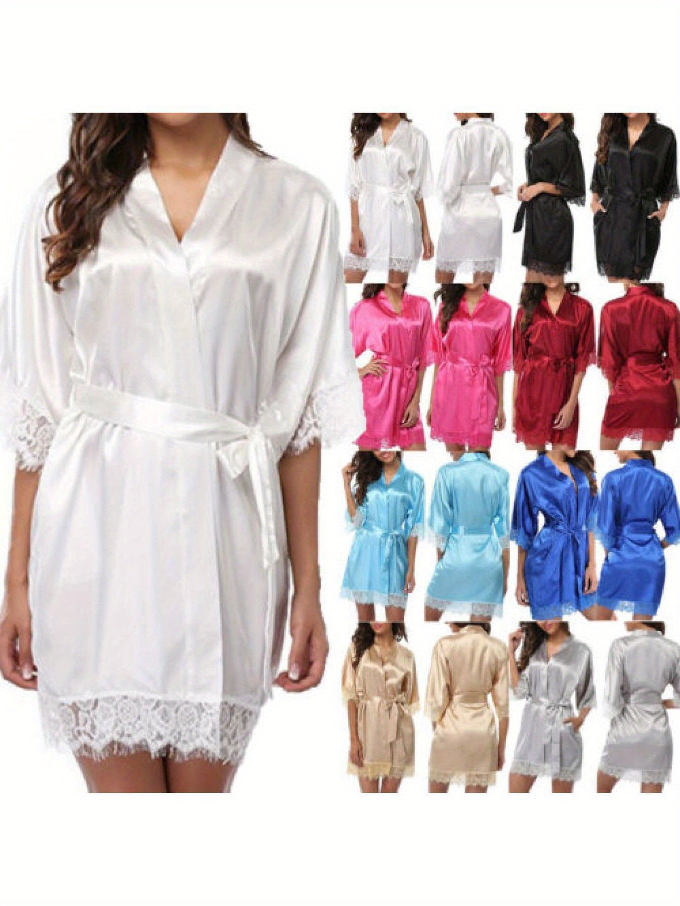 Women's real-silk nightgown Short Lace Satin Bridal Nightgown 3/4 Sleeve Sexy Kimono Pajamas Pajamas With Pockets and Removable Belt