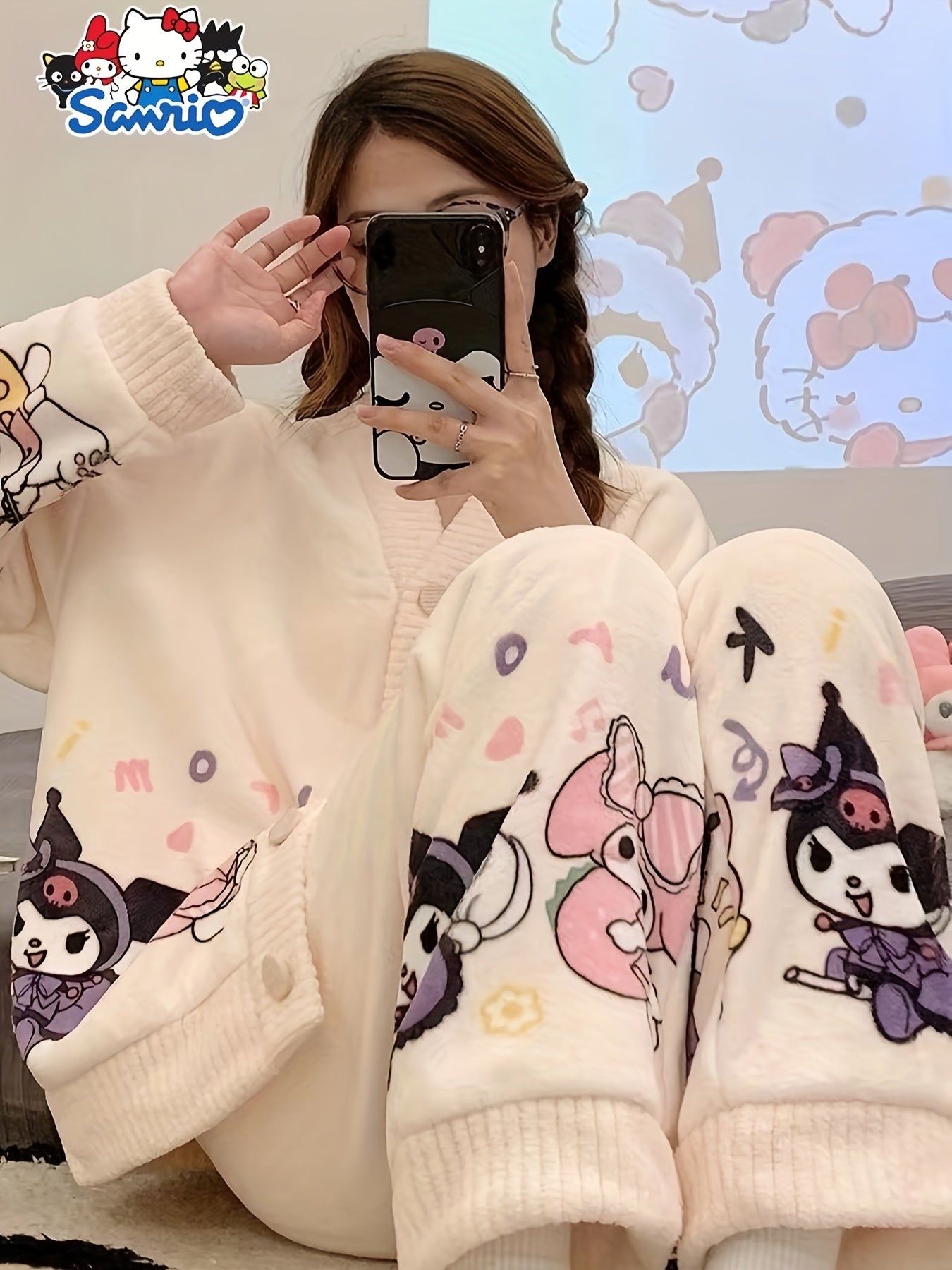 2 Set of Sanrio Authorized Cartoon Pattern Long-Sleeved Pajamas Suit，Thick Warm Loungewear，Sweet Cute Pajamas，Outerwear Homewear 2 Set