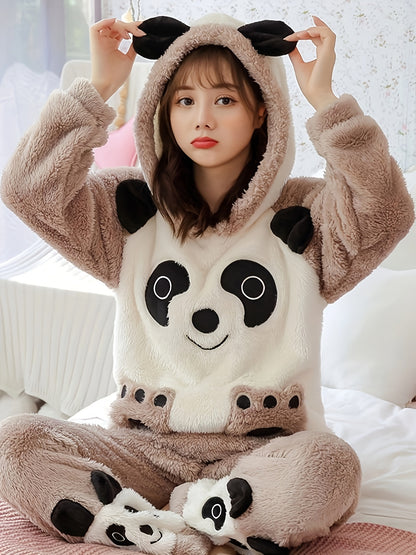 Women's Winter Pajamas Suit，Cute Cartoon Panda Hooded Long Sleeve Top，Embroidered Fluff，Thick Warm Polyester Home Wear，100%Polyester Knitted Fabric，Adult Casual Wear