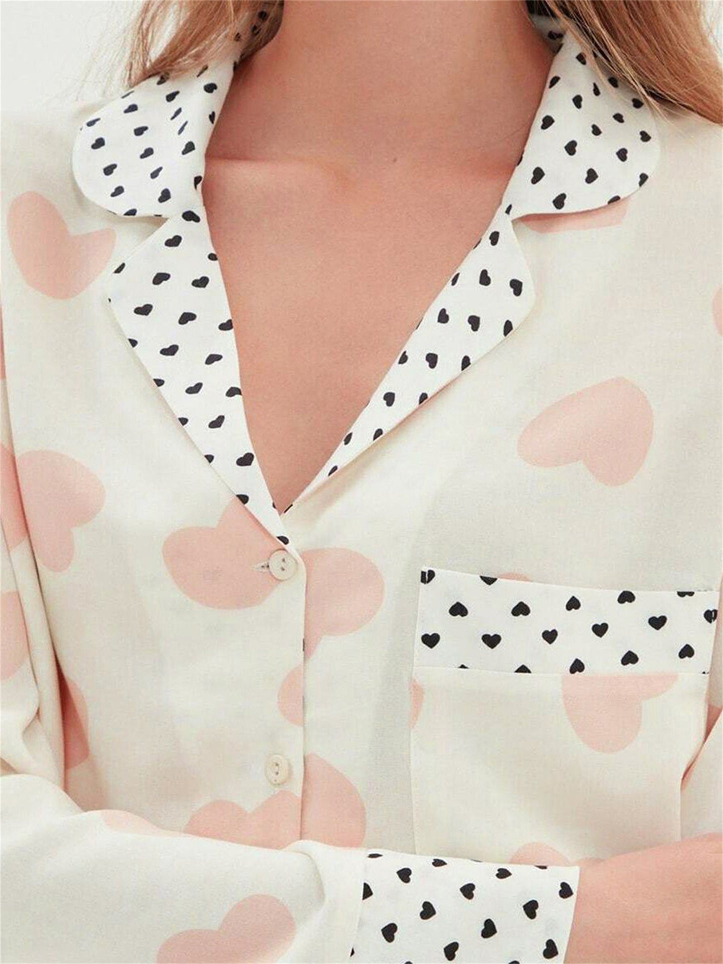 Ladies2Heart-Shaped Spotted Printed Pajamas Suit Long Sleeve Button Top Elastic Waist Trousers Pajamas Suit