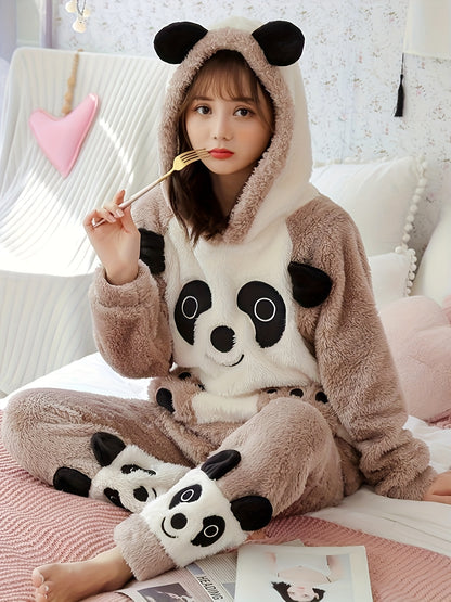 Women's Winter Pajamas Suit，Cute Cartoon Panda Hooded Long Sleeve Top，Embroidered Fluff，Thick Warm Polyester Home Wear，100%Polyester Knitted Fabric，Adult Casual Wear