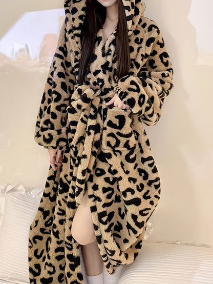 Women's Thermal Coral Fleece Hooded Robe - Thick Warm Leopard Print Casual Skirt with Pockets，Long Sleeve - Perfect Choice for Autumn and Winter