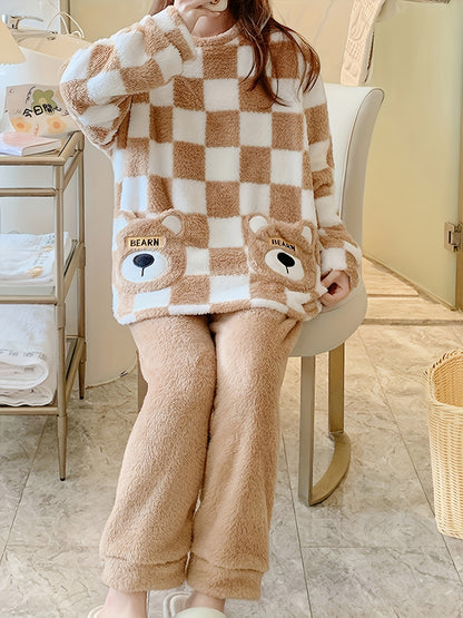 Women's Autumn and Winter Thickening Coral Velvet Pajamas Sweet Cute Bear Brown Plaid Homewear Loose plus Size Two-Piece Suit